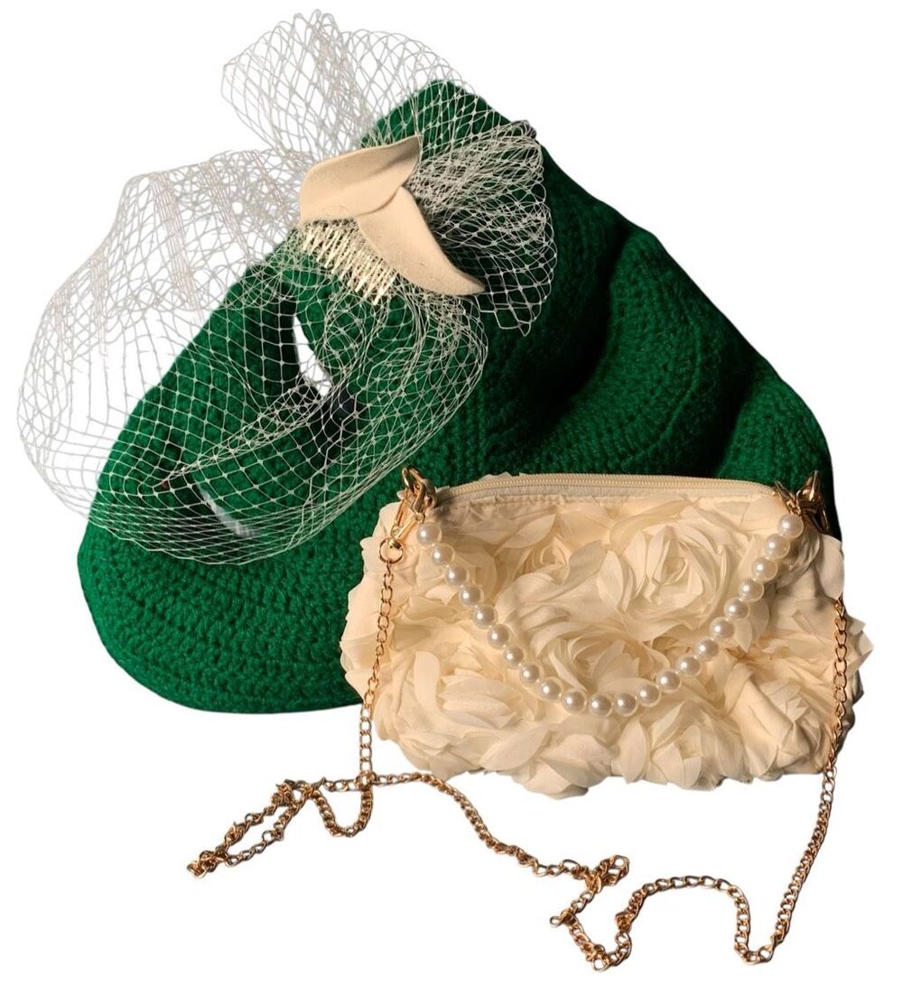 NEW Bridal Birdcage Veil Fascinate Clip & OFF WHITE Floral Evening Handbag Clutc